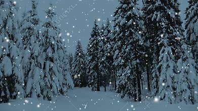 Winter snowy forest with snow covered trees, falling snow and stars. Christmas, new year slow motion animation, HD 1080.