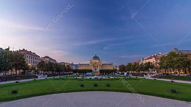Panoramic day to night timelapse view of Art pavilion at King Tomislav square in Zagreb, Croatia.