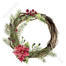 Watercolor christmas wreath with decor. New year tree and wood branch wreath with holly, mistletoe and poinsettia for
