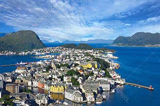 Alesund, Norway - panoramic view on center of cruise port Alesund in Norwegian fjords.