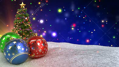 Colorful christmas balls in snow on bokeh background. Seamless loop. 3D render.