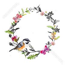 Border wreath - bird, meadow flowers, butterflies. Black white watercolor circle
