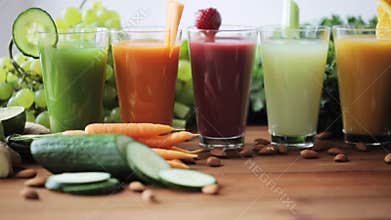 Glasses of juice, vegetables and fruits on table