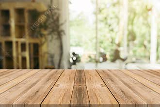 Wooden board empty table in front of blurred background. Perspec