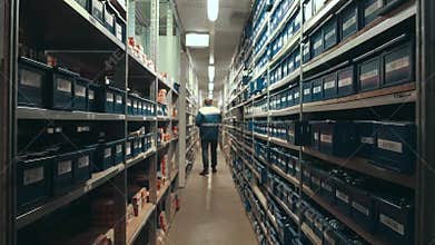 Warehouse Worker Looking For Products On Shelves. Wholesale, Logistic, Shipment And People Concept