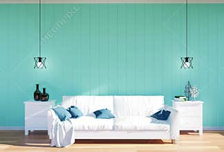 Living room interior - white leather sofa and green wall panel with space