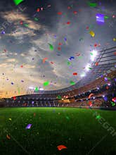 Stadium sunset Confetti and tinsel with people fans. 3d render illustration cloudy
