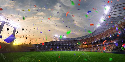 Stadium sunset Confetti and tinsel with people fans. 3d render illustration cloudy