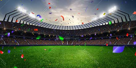 Stadium sunset Confetti and tinsel with people fans. 3d render illustration cloudy