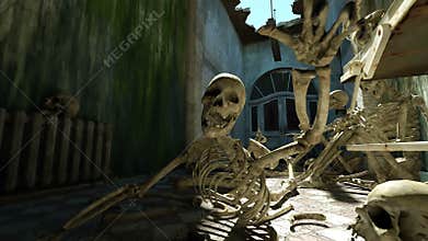 Scary skeletons in old hospital, morgue. Apocalypse horror concept. Realistic cinematic 4k animation.