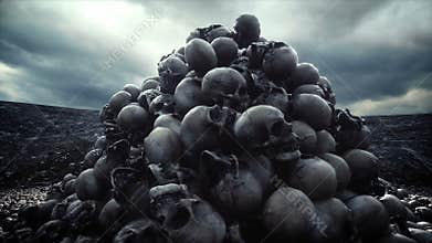 Pile of skulls. Apocalypse and hell concept. Realistic cinematic 4k animation.