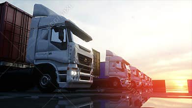 Truck in container depot, wharehouse, seaport. Cargo containers. Logistic and business concept. Realistic 4k animation.