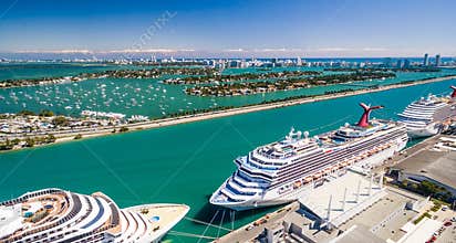 Miami aerial skyline with port and cruise ships, Florida - USA