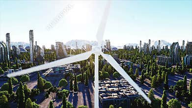 Wind turbine. futuristic city, town. The concept of the future. Aerial view. Super realistic 4k animation.