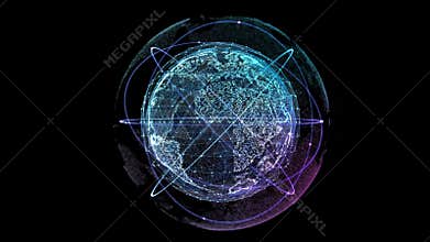 Digital technology connection of the globe with orbiting satellites