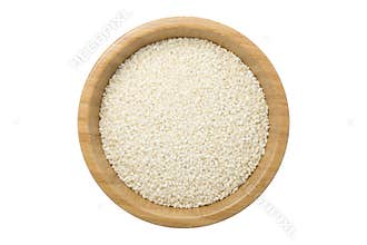 Top view of white sesame seeds in wooden bowl isolated on white