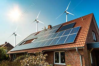 Solar panel on a roof of a house and wind turbins arround