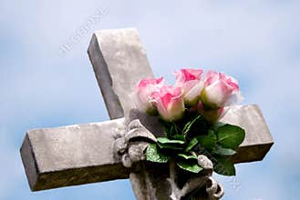 Stone Cross with Pink Roses