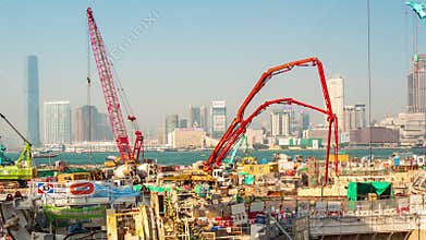 Sunset day hong kong bay industrial construction panorama 4k time lapse china