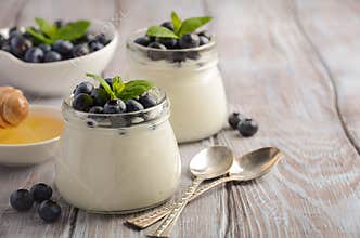 Homemade blueberry yogurt with blueberry and mint