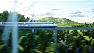 Futuristic, modern train passing on mono rail. Ecological future concept. Aerial nature view. photorealistic 4K