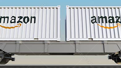 Railway transportation of containers with Amazon.com logo. Editorial 3D rendering 4K clip