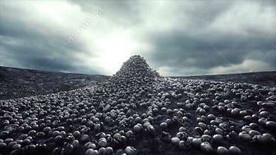 Pile of skulls. Apocalypse and hell concept. Realistic cinematic 4k animation.