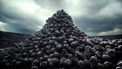 Pile of skulls. Apocalypse and hell concept. Realistic cinematic 4k animation.