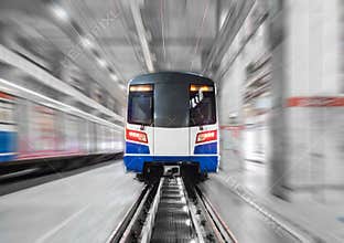 Moving train arrive station with motion blur