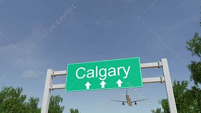 Airplane arriving to Calgary airport. Travelling to Canada conceptual 4K animation