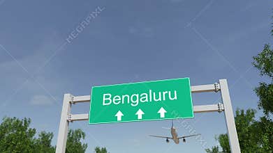 Airplane arriving to Bengaluru airport. Travelling to India conceptual 4K animation