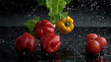 Fresh vegetables and herbs falling with water in slow motion