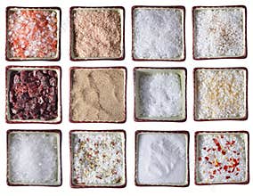 Twelve types of Sea salt in square bowls