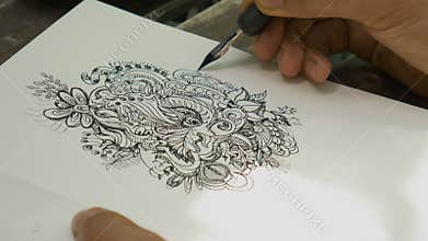 Drawing doodle line art by black ink on paper