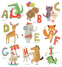 Zoo Alphabet for children. Set of letters and illustrations. Cute animals