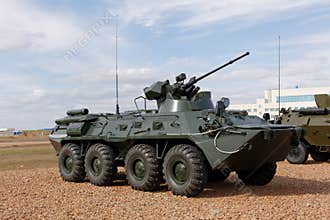 Military machines, cars and tanks on the exhibition
