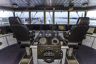 Cockpit of a huge container ship
