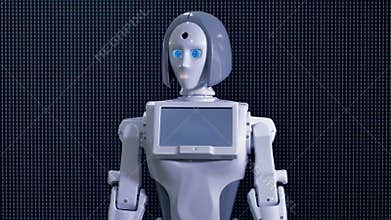 White female robot asking to come closer.