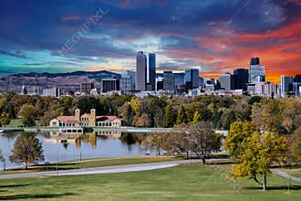Denver Skyline and Mountains Beyond Lake