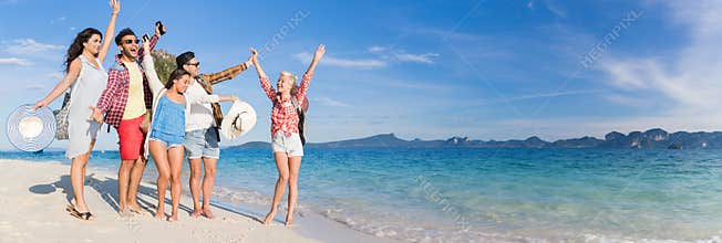 Young People Group On Beach Summer Vacation, Happy Smiling Friends Walking Seaside
