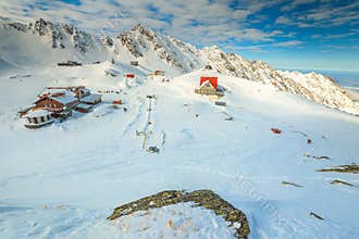 Stunning winter landscape with frozen Balea lake, Transylvania, Romania, Europe