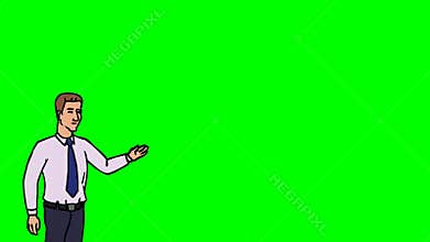 Animated Character Boss or Manager stands in the foreground and says, curve contour, green screen, seamless loop