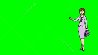Animated Character Secretary or Teacher stands in full growth and says, smooth contour, green screen, seamless loop