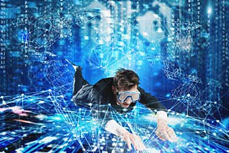 Businessman surfing the internet underwater with mask. Internet exploration concept