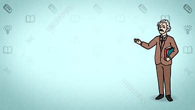 Animated Character Professor or Teacher stands in full growth and says, curve contour, turquoise background, seamless loop