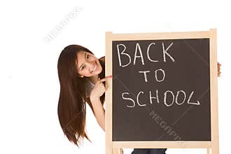 Back to school Asian female student by blackboard
