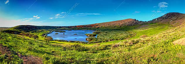 Rano Raraku Crater on Easter Island. World Heritage Site of Rapa Nui National Park