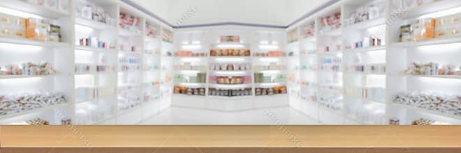 panorama on medicine cabinet and store medicine and pharmacy drugstore for Blurry background with Perspective wood