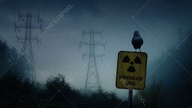 Crow perches on nuclear radiation sign