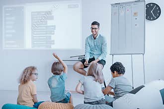 Group of happy children learn coding